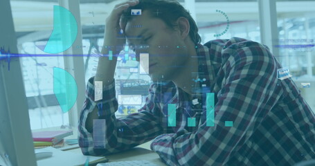 Aufkleber - Image of financial graphs and data over tired caucasian man in office