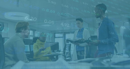 Poster - Image of data processing over diverse business people with face masks using tablets