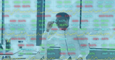 Poster - Image of financial graphs and data over african american man in office
