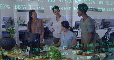 Poster - Image of financial data and graphs over diverse female coworkers in office