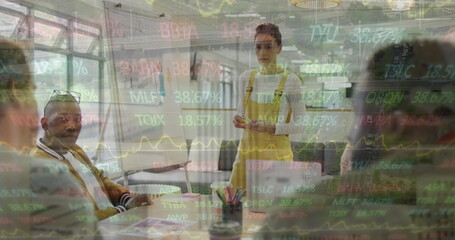 Poster - Image of financial data and graphs over diverse businesspeople in office