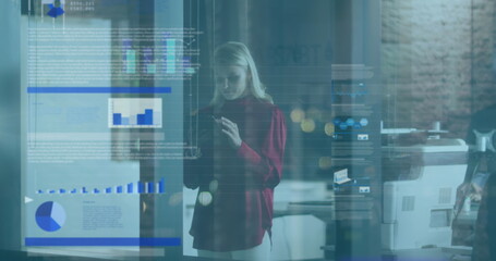 Poster - Image of financial graphs and data over caucasian woman in office