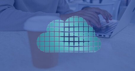 Poster - Image of clouds with shapes over hands using laptop