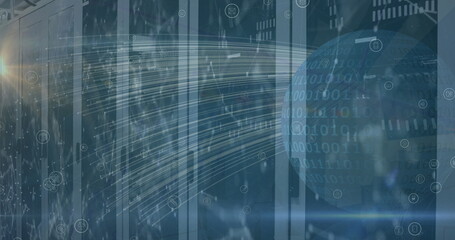 Poster - Image of globe with data processing over server room
