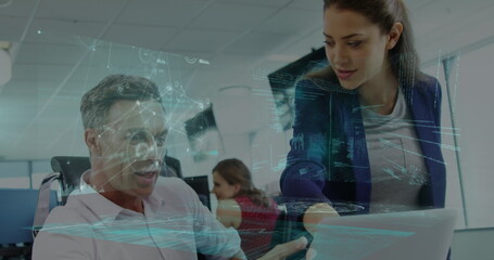 Poster - Image of digital screen with diverse data over diverse female and male coworkers in office