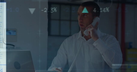 Poster - Image of data processing over caucasian businessman talking on phone