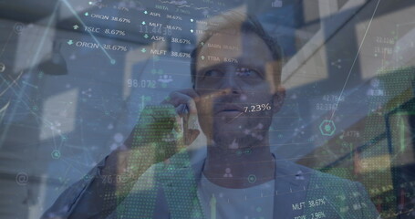 Poster - Image of data processing over caucasian businessman talking on smartphone