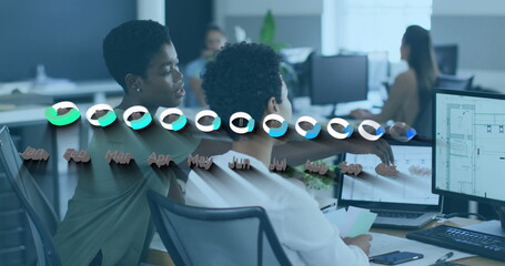 Poster - Image of financial data and graphs over diverse female coworkers working in office