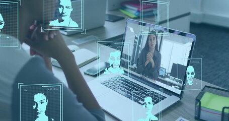 Poster - image of user photos over african american woman having image call on laptop