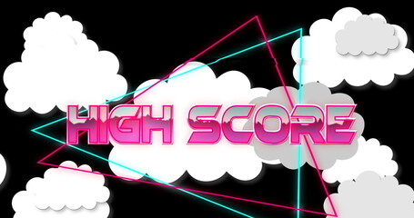Poster - Image of high score over triangles and clouds on black background