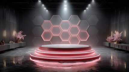 Poster - Pink neon glowing product podium with digital led screen on wall. Realistic 3d vector illustration of luminous stage for goods display. Empty futuristic cylinder platform with light in studio room.