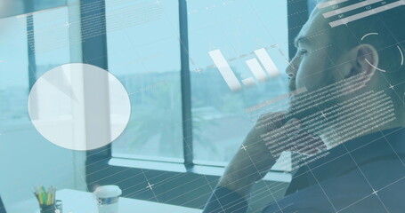 Poster - Image of financial graphs and data over caucasian man using laptop