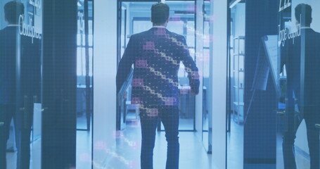 Poster - Image of dna data over back view of caucasian businessman in office