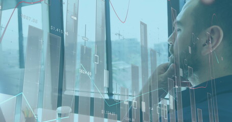 Poster - Image of financial graphs and data over caucasian man in office