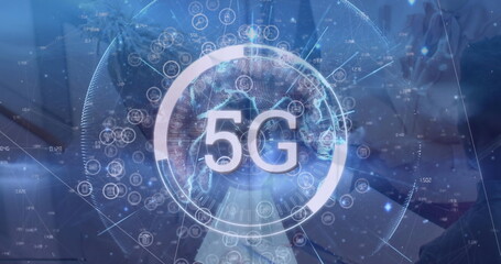 Poster - Tapping business shirt hands activating smartphone on office desk, with holographic 5G globe
