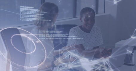 Poster - Collaborating mid adult women debugging code at office desk, with laptops and network graphics