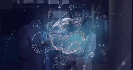 Poster - Image of network of connections and globe over two diverse business people