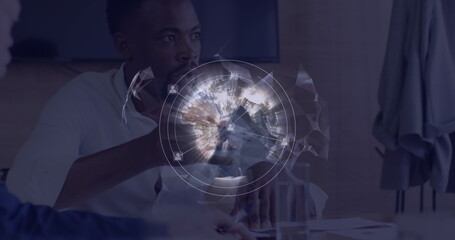 Poster - Image of network of connections and icons over african american businessman