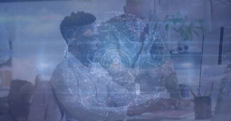 Poster - Image of network of connections and icons over diverse group of business people