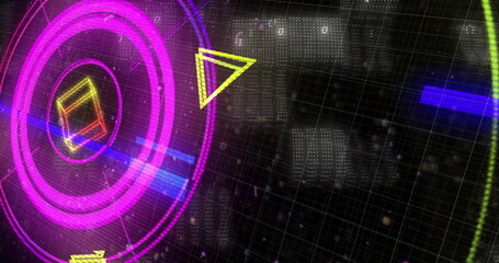 Poster - Image of neon glowing scope scanning, binary coding and data processing