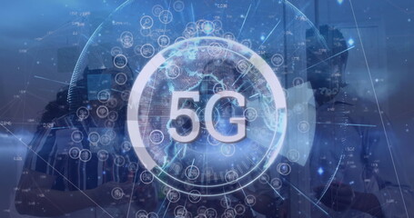 Poster - Image of network of connections and 5g text over diverse group of business people