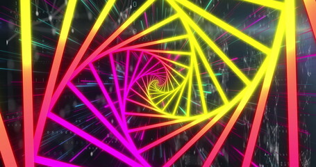 Poster - Image of purple and yellow neon shapes moving over black digital space