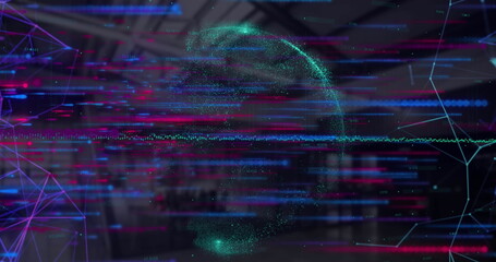 Poster - Image of pink and blue lines over graphs and globe