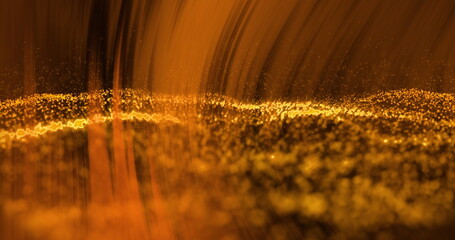 Poster - Image of orange light over undulating golden particles on black background