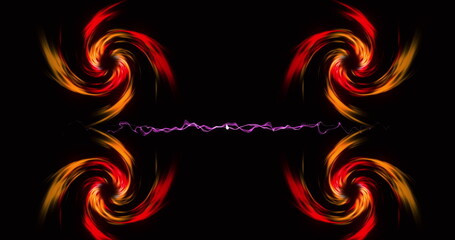 Poster - Image of white explosion with light trials over four spirals of orange light on black background