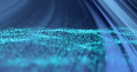 Poster - Image of blue light beams over undulating blue particles on black background