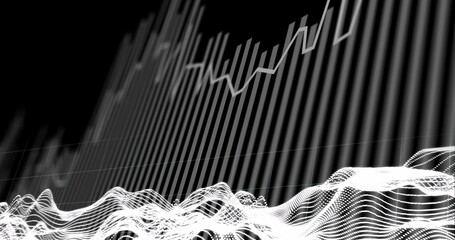 Poster - Image of moving white topographical lines over grey graph on black background
