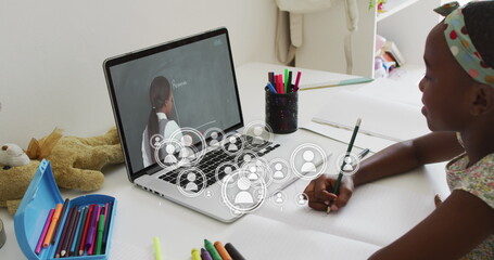 Poster - Image of media icons over african american schoolgirl having image call with teacher