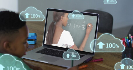 Poster - Image of clouds with uploading over african american boy having online lessons on laptop