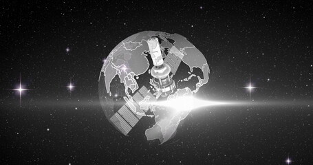 Poster - Image of satellite over globe spinning on black background