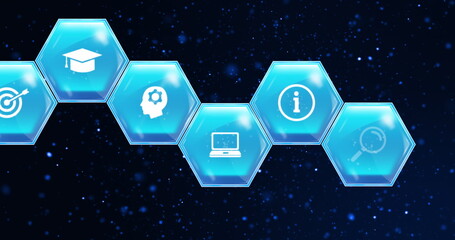 Poster - Image of education and learning icons on blue hexagons over stars on blue background