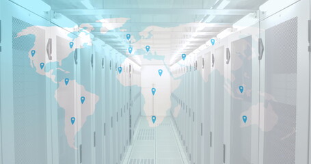 Poster - Image of world map and location marks over servers