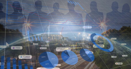 Poster - Image of social media notifications, multiple graphs, silhouette people, light trails on street