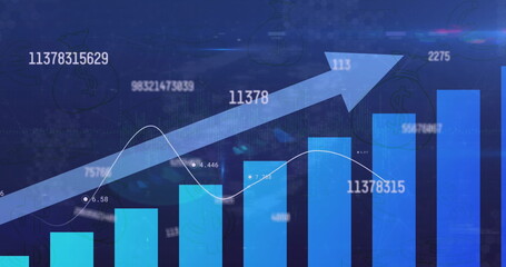 Poster - Image of arrow, increasing numbers over bar graph against blue background