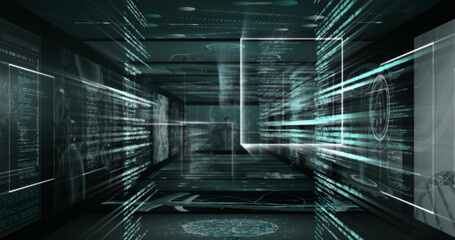 Poster - Image of digital computer language in infographic interface display screens moving in loop