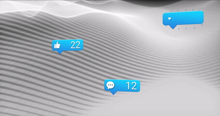 Poster - Image of social media icons and numbers on banners over grey waves