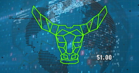 Poster - Image of globe, data and bull head over blue background