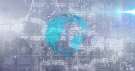 Poster - Image of globe, digital chain and cityscape