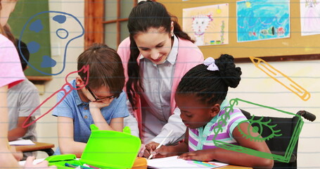 Poster - Image of school supplies with caucasian teaching multiracial students in classroom