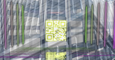 Poster - Image of neon lines with qr code against office building