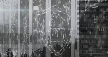 Poster - Displaying dotted shield outline enclosing padlock icon on office glass facade, with network lines