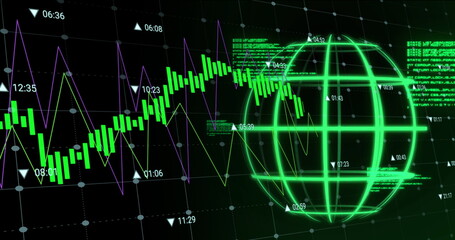 Poster - Image of data processing over globe on black background