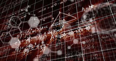 Poster - Image of digital screen with scientific data, brain and math formulas on black background
