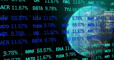 Poster - Image of data, graphs and globe on black background