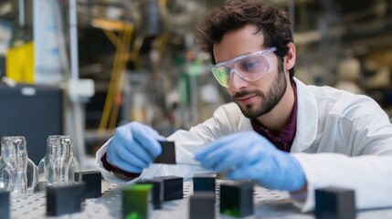 Poster - scientist conducts experiment in lab with various samples on the table in a busy research facility