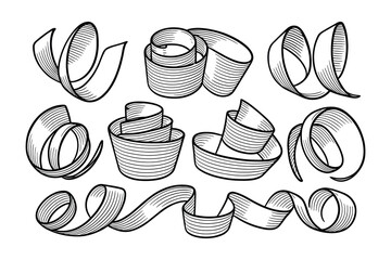 Poster - Detailed vector illustration of curled ribbon shapes with hatching for decoration design.